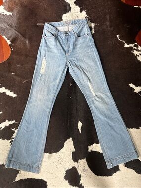 Kimes Ranch - Jennifer- Light Blue Distressed Boot Cut Jeans. 6/36